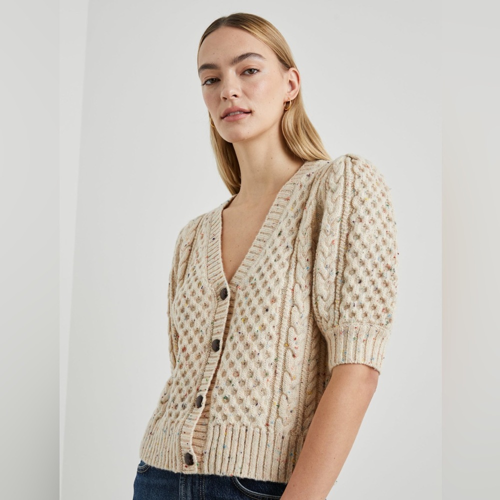 Rails Isla Cardigan Cream Confetti Wool Blend Short Puff Sleeve Sweater Sz Small